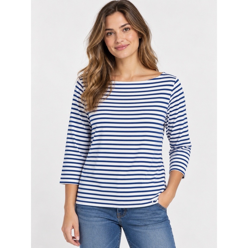 Vineyard Vines Women's L Blue White Striped Boat Neck 3/4 Sleeve Top Nautical